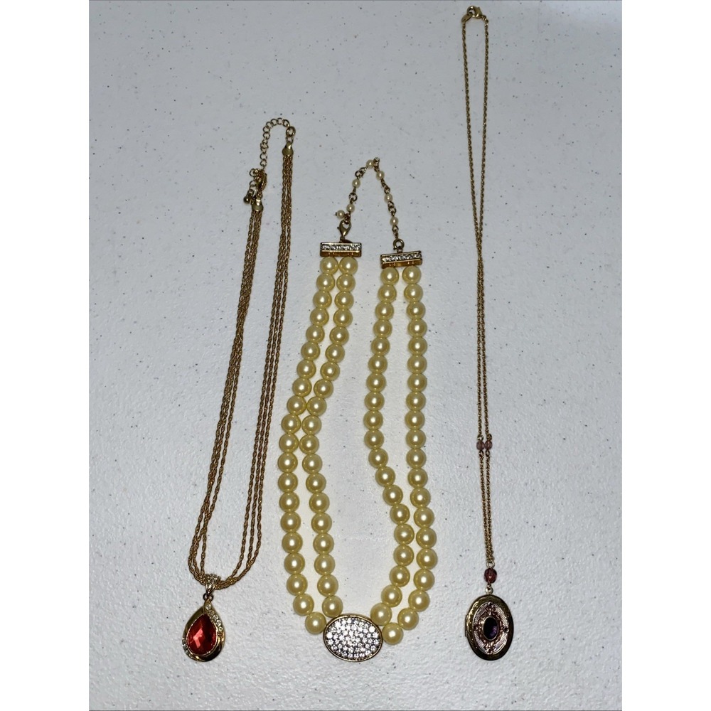VTG Avon Necklace Lot 3 Presidents Club Gold Tone Gems Gemstones Stones Locket